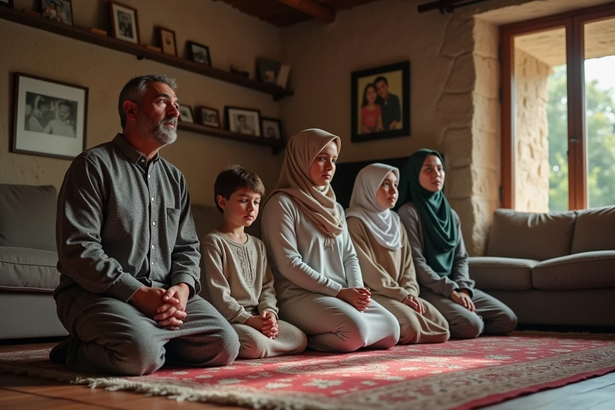 Famille musulmane priant dans un salon rustique en Auvergne