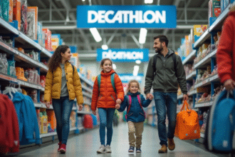 Famille souriante achetant du matériel sportif chez Decathlon