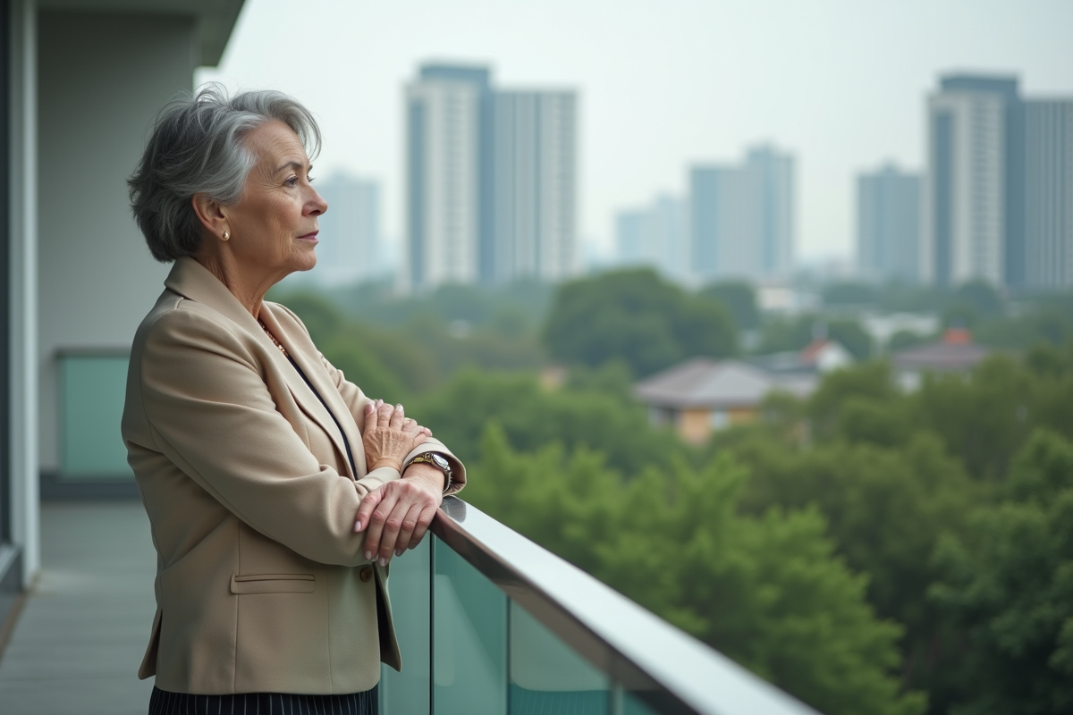 Femme regardant la ville depuis un balcon urbain