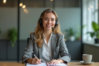 Femme d'affaires souriante au bureau avec casque