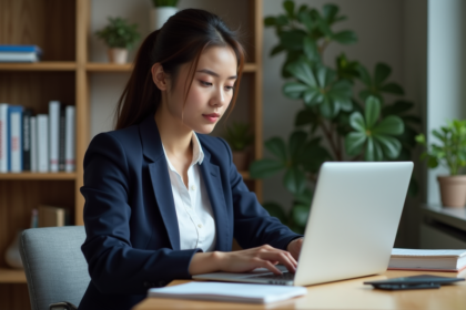 Jeune femme au bureau compare deux onglets de traduction