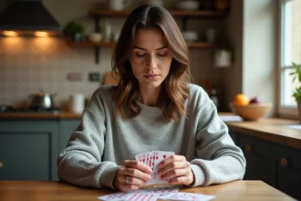 Femme étudiant ses cartes de belote à une table en bois dans une cuisine française, idéal pour apprendre la belote à 2 joueurs