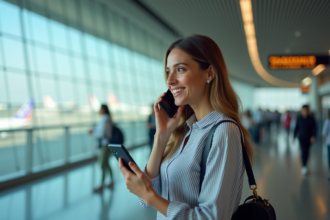 Femme parlant au smartphone dans un aéroport animé