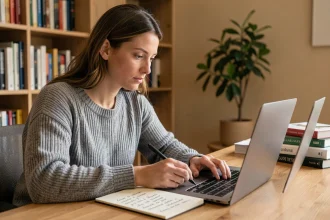 Femme utilisant un correcteur orthographique en ligne sur un ordinateur portable pour comparer Reverso Correction et les correcteurs de navigateur