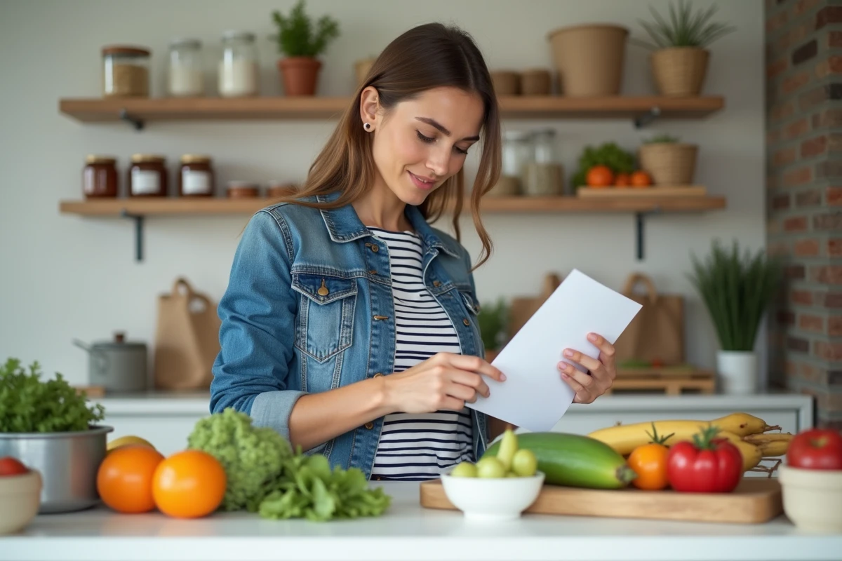 Femme en cuisine avec liste de courses et sacs réutilisables
