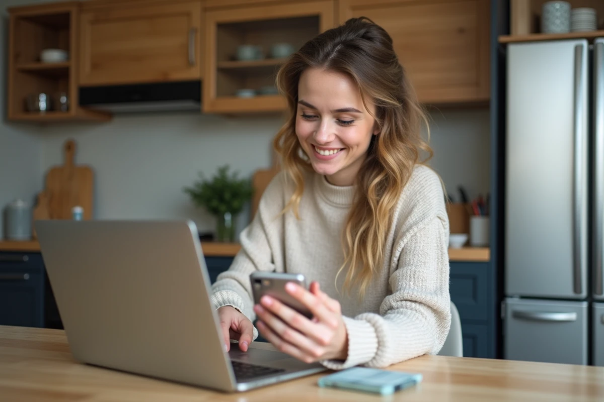 Femme souriante utilisant son ordinateur dans la cuisine