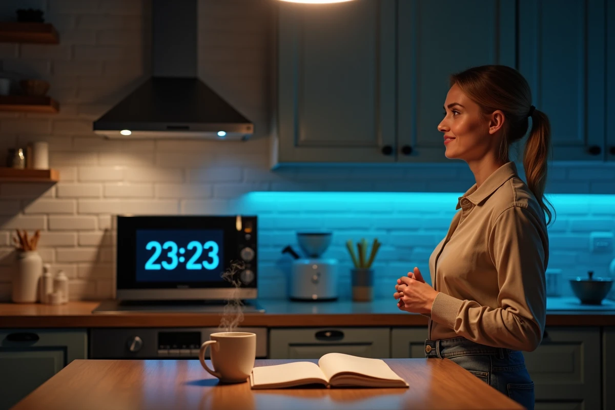 Femme dans une cuisine moderne remarquant l'heure miroir 23h23 sur l'horloge du micro-ondes, symbolisme des heures répétitives
