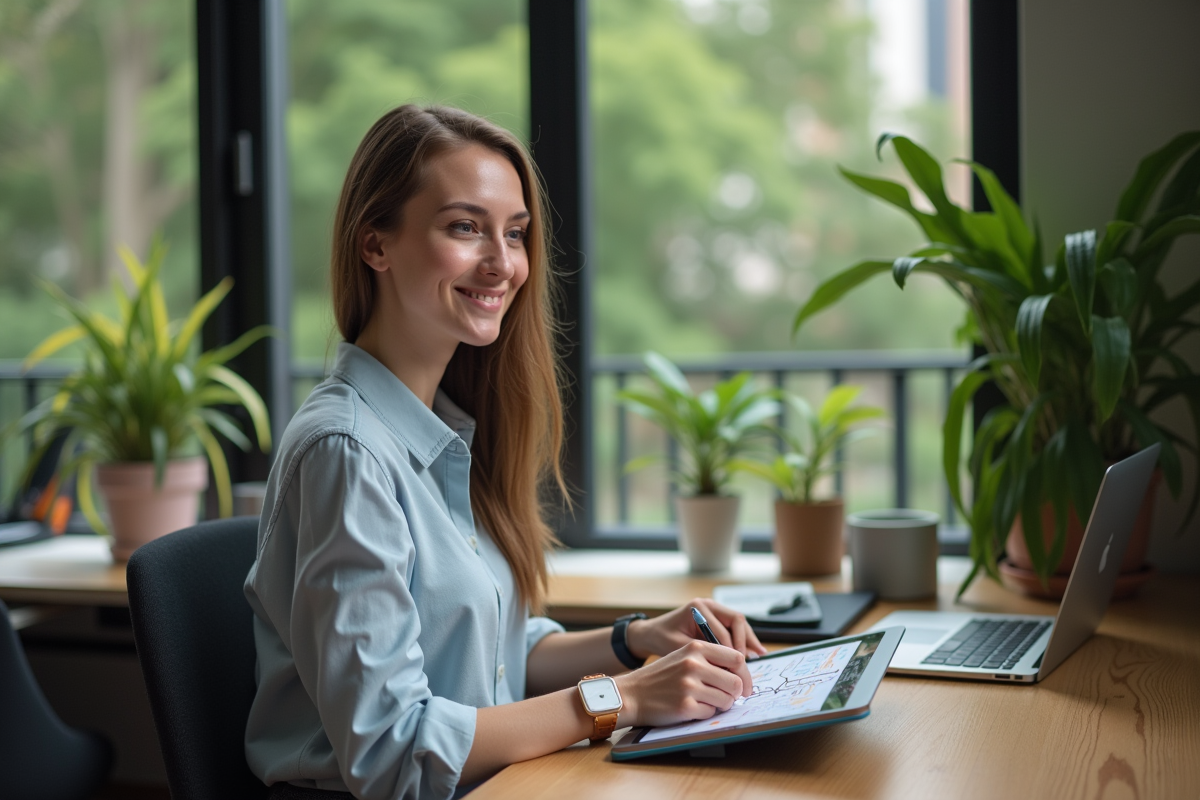 Jeune femme esquissant un flux de projet sur une tablette