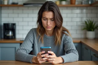 Femme inquiète lisant un faux SMS de colis sur son smartphone dans une cuisine moderne