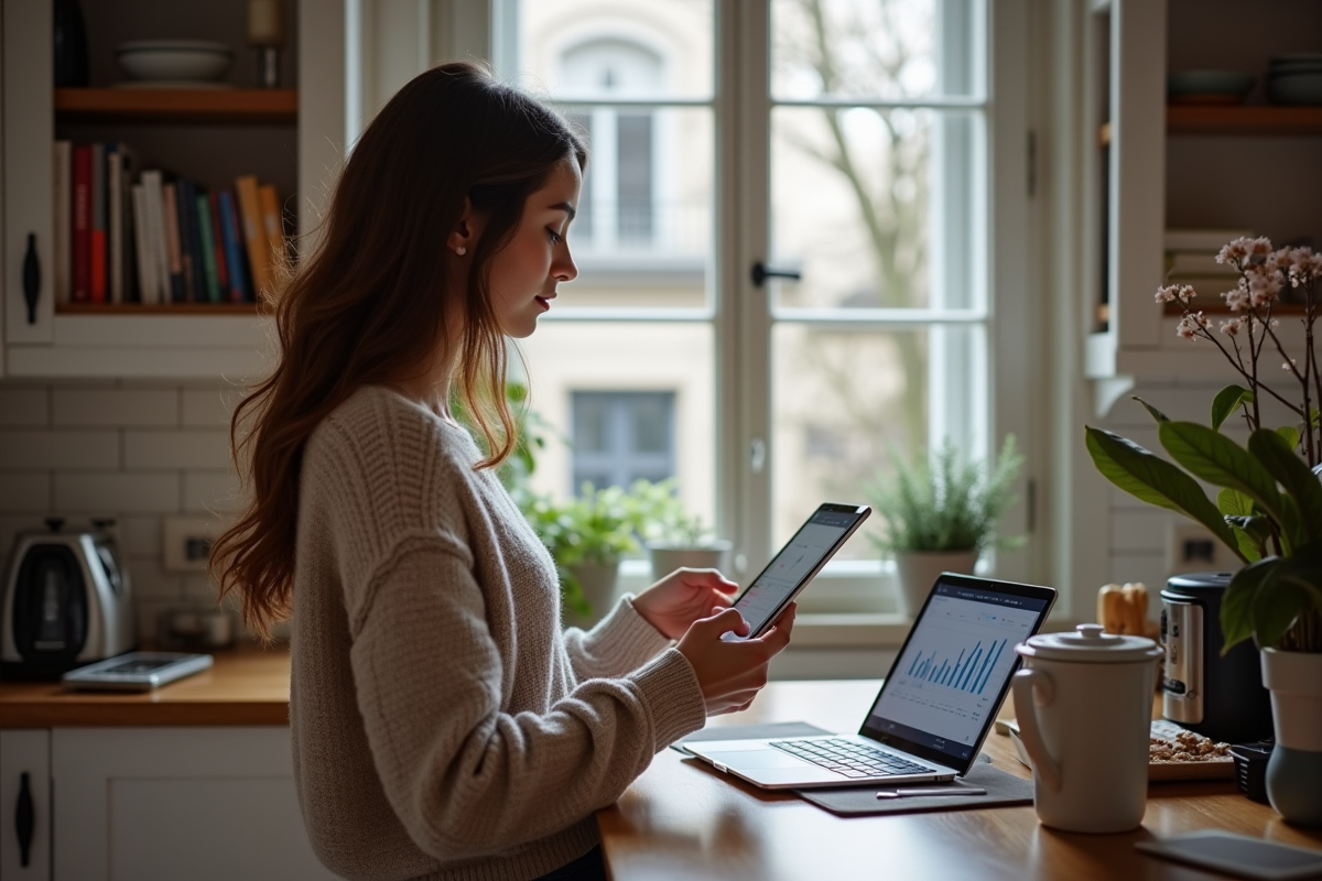 Jeune femme française vérifiant des données financières sur une tablette