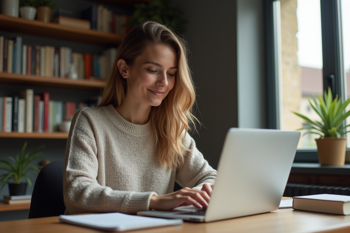 Jeune femme française travaillant sur son ordinateur dans un bureau cosy