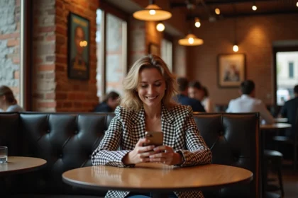 Femme tunisienne souriante vérifiant son smartphone dans un café