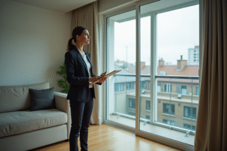 Femme d affaires inspectant un salon d appartement