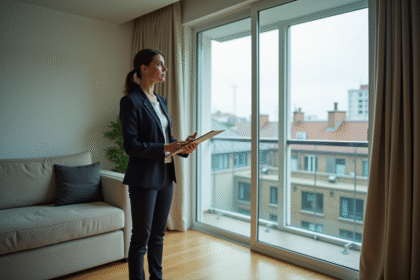 Femme d affaires inspectant un salon d appartement