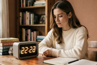 Jeune femme contemplant une horloge affichant 22h22 dans une chambre cosy avec des livres spirituels et un cristal sur le bureau