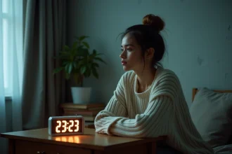 Jeune femme contemplant une horloge affichant 23h23 dans une chambre atmosphérique, illustrant le phénomène des heures miroirs