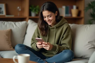 Jeune femme jouant à un jeu mobile sur son smartphone, assise sur un canapé, illustrant des astuces pour obtenir plus de dés dans Monopoly GO