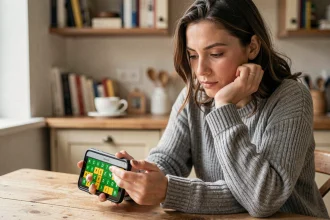 Femme jouant à un jeu de mots type SUTOM ou Pedantic sur smartphone à une table en bois dans un appartement parisien