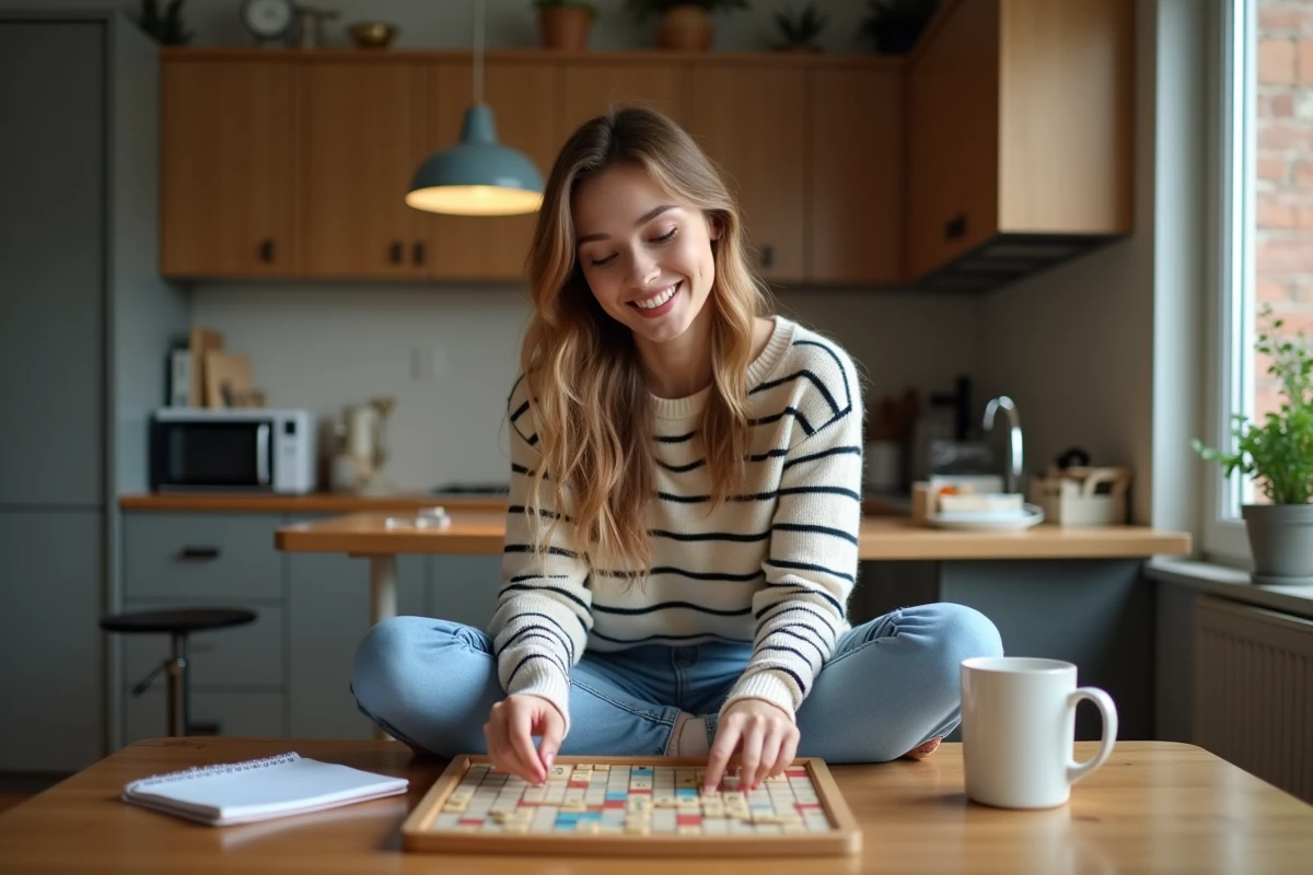 Jeune femme jouant au Scrabble dans la cuisine chaleureuse