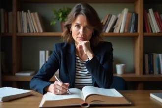 Femme concentrée lisant des dictionnaires dans un bureau