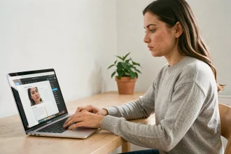Femme utilisant une interface de numérisation de documents sur ordinateur portable dans un bureau à domicile moderne