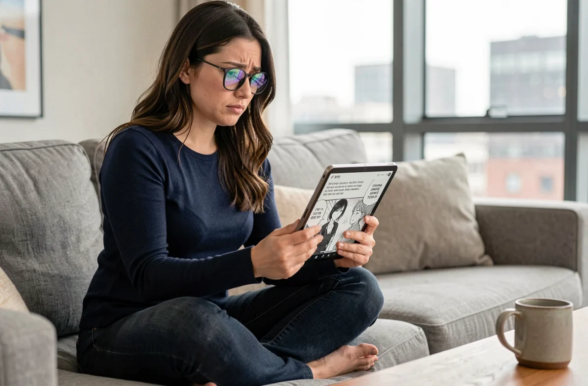 Femme lisant des mangas sur une tablette numérique dans son salon, questionnant la légalité d'un site de lecture en ligne