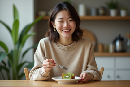 Femme souriante mangeant un kiwi dans une ambiance cosy