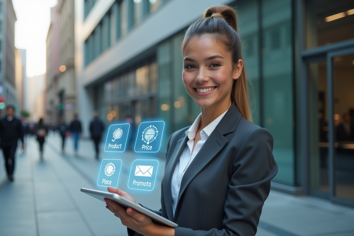 Jeune femme marketing avec tablette en ville