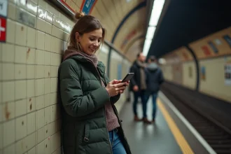 Femme dans le métro de Paris utilisant une application