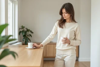 Jeune femme dans un salon minimaliste avec mobilier épuré