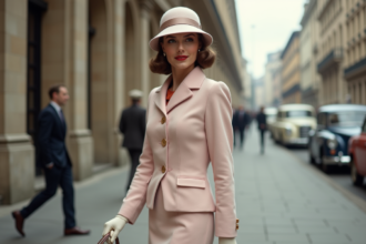 Femme élégante en tailleur pastel dans la ville des années 60