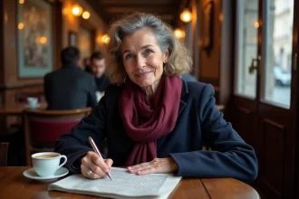 Femme belge résolvant des mots croisés dans un café classique de Bruxelles, cherchant une ville belge en 4 lettres