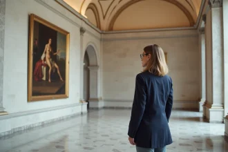 Femme admirant seule une peinture Renaissance dans une galerie de musée européen vide