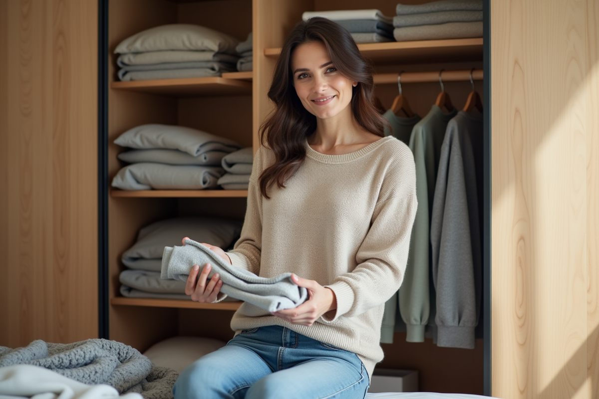Femme organisée dans son placard avec des vêtements pliés