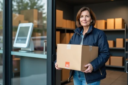 Femme avec box devant un point relais moderne