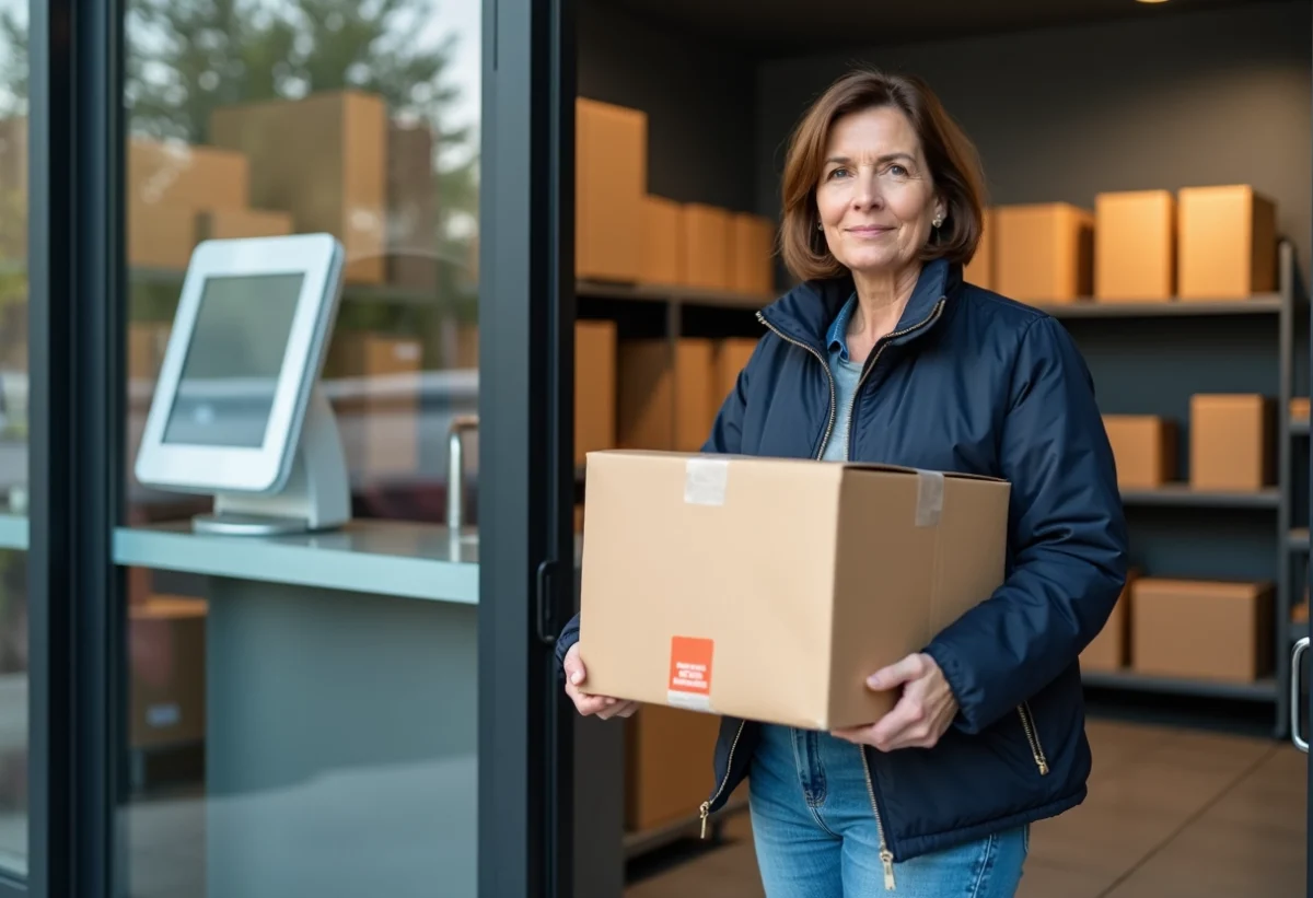 Femme avec box devant un point relais moderne
