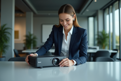 Femme en blazer navy vérifiant un projecteur en bureau moderne
