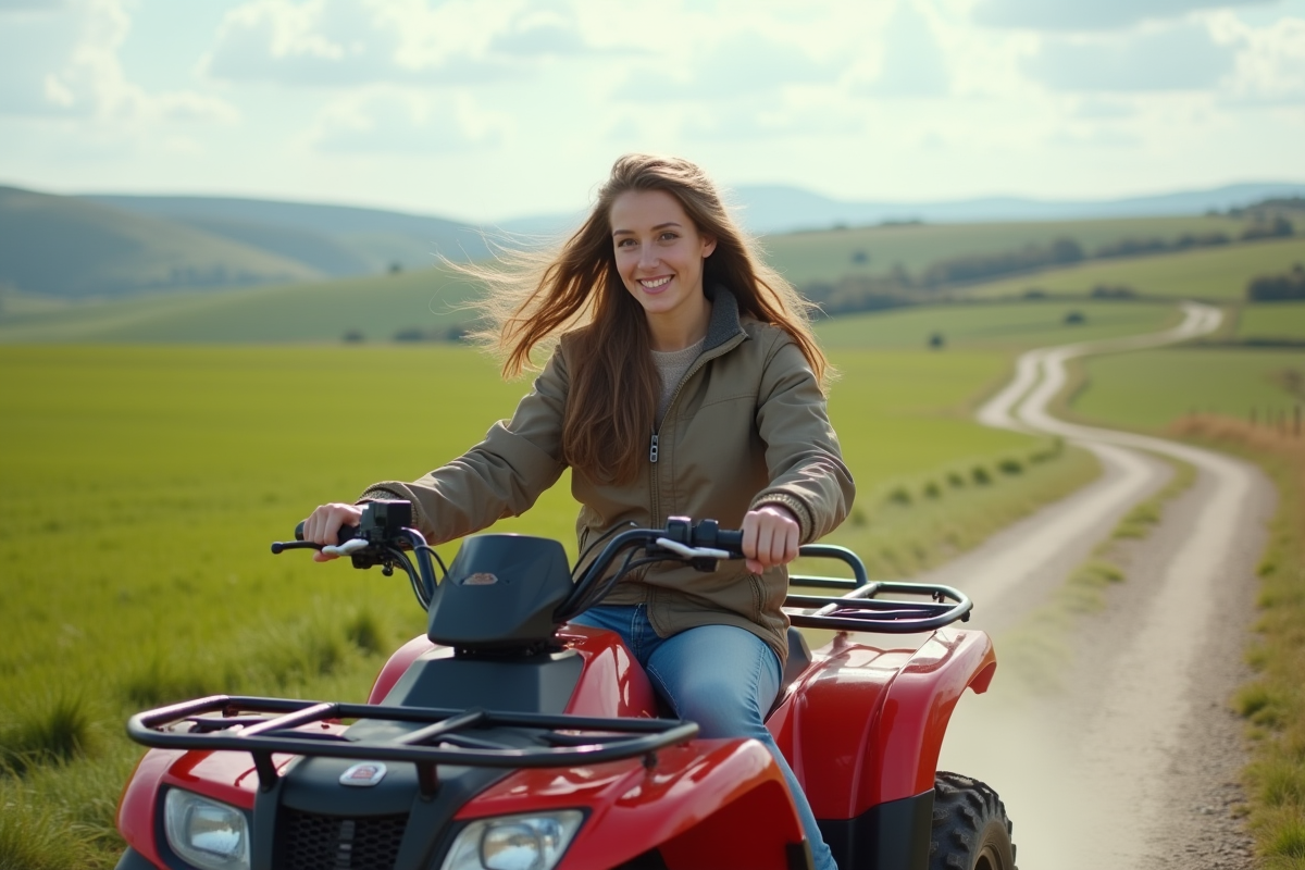Jeune femme en outdoor sur quad dans la campagne