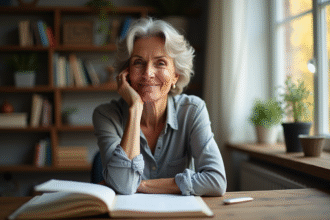 Femme réfléchie assise à un bureau avec livres et journaux