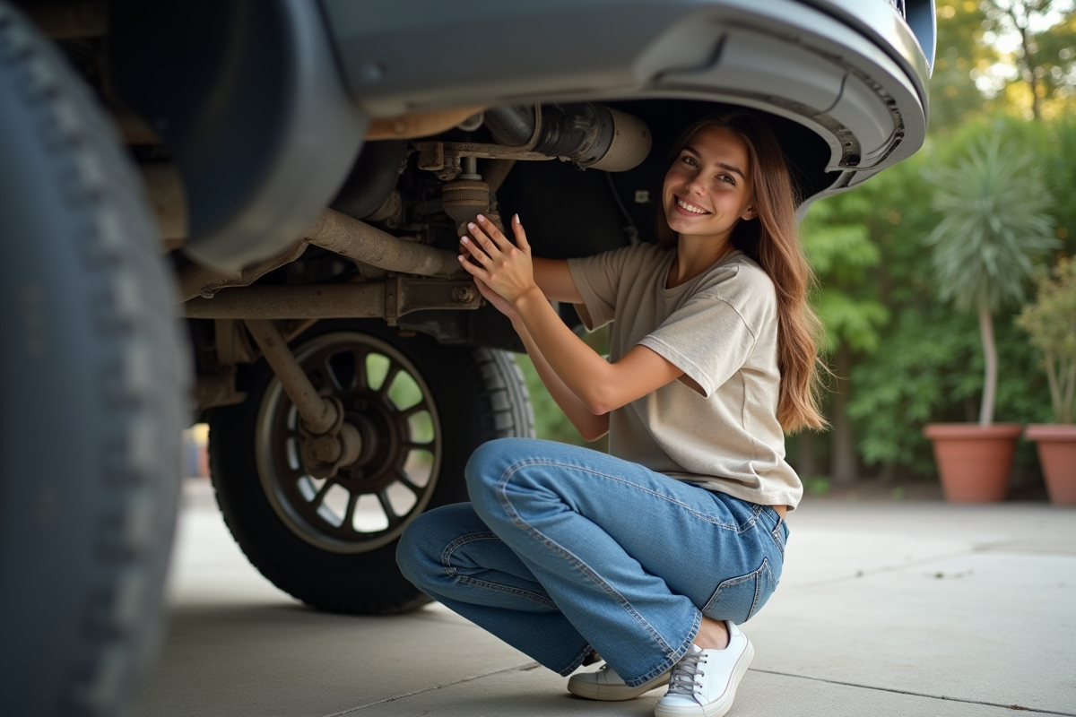 Jeune femme changeant un silentbloc sous une voiture