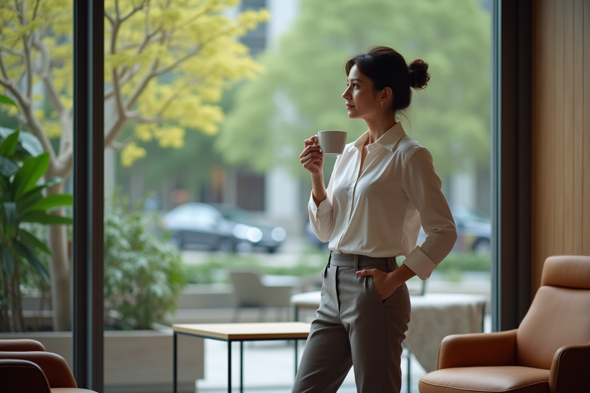 Femme d age moyen sirotant un café dans un espace détente