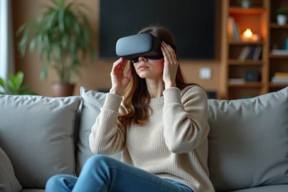 Jeune femme ajustant un casque VR dans un salon cosy