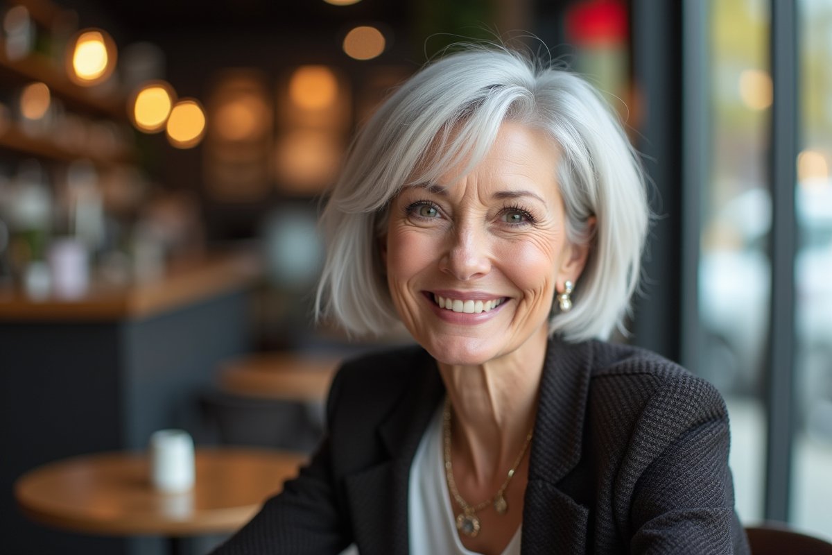 Femme élégante de soixante ans souriante dans un café moderne