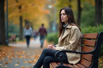 Femme seule sur un banc de parc en automne, regard perdu dans le vide, illustrant la douleur de l'amour non réciproque