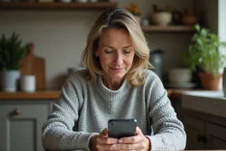 Femme consultant son smartphone posé à côté d'un annuaire téléphonique papier sur une table de cuisine en bois