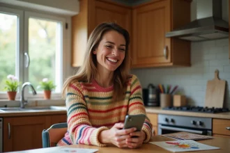 Femme souriante en cuisine en train d'envoyer un message d'anniversaire