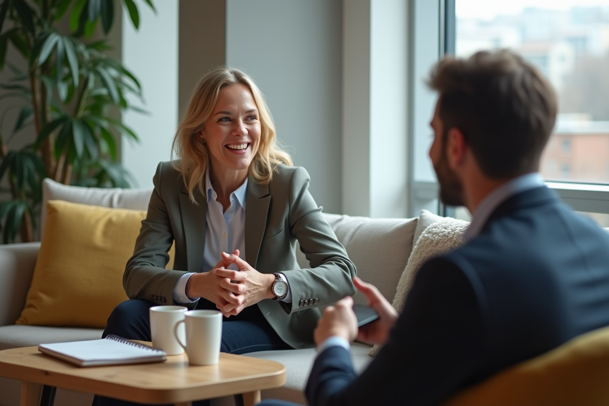Femme souriante parlant avec un collègue dans un espace détente