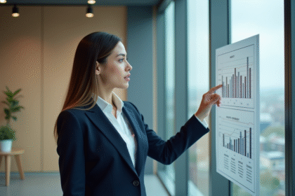 Femme professionnelle pointant une strategie de croissance