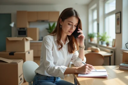 Femme au téléphone dans une cuisine lumineuse en transition