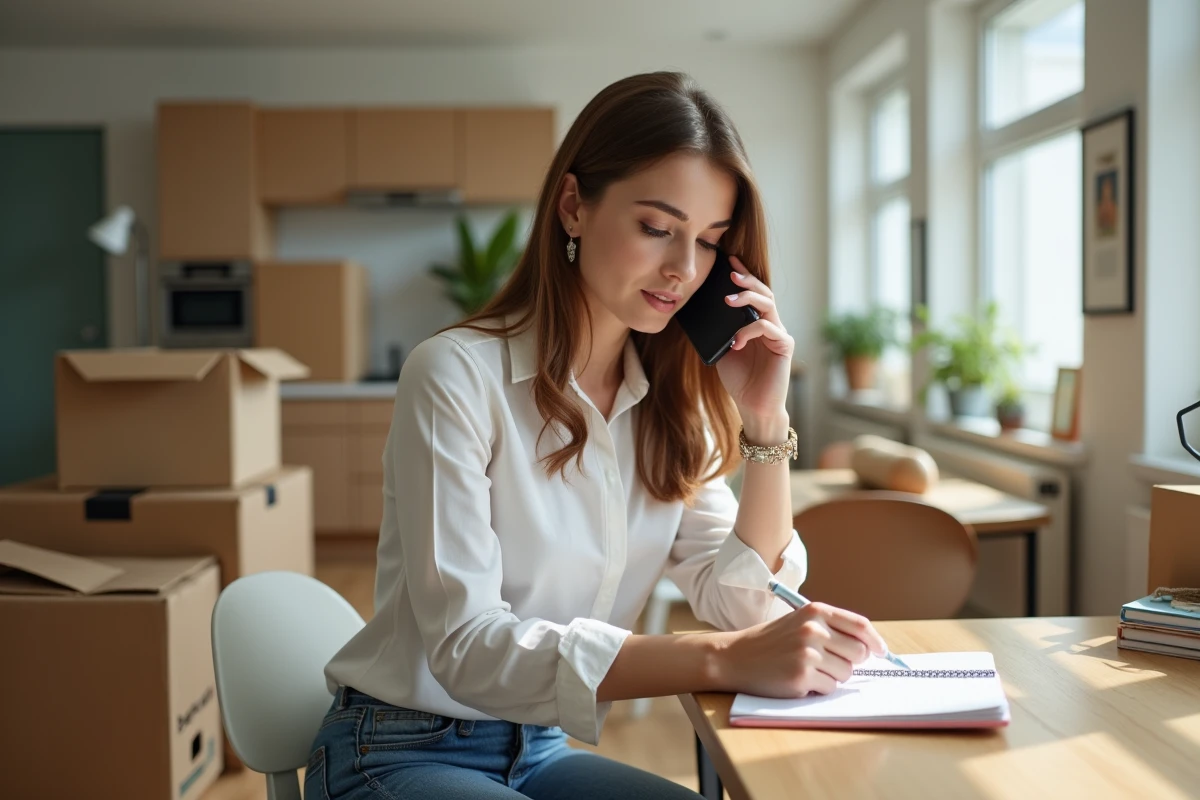 Femme au téléphone dans une cuisine lumineuse en transition